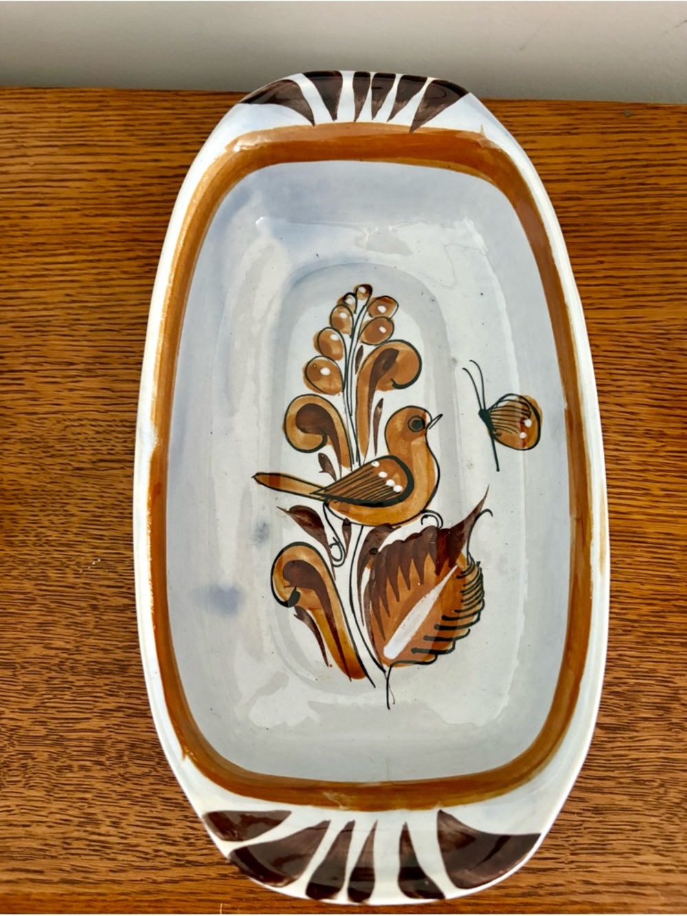 Signed Hand-Painted Mexican Ceramic Serving Platter with Brown Bird Motif